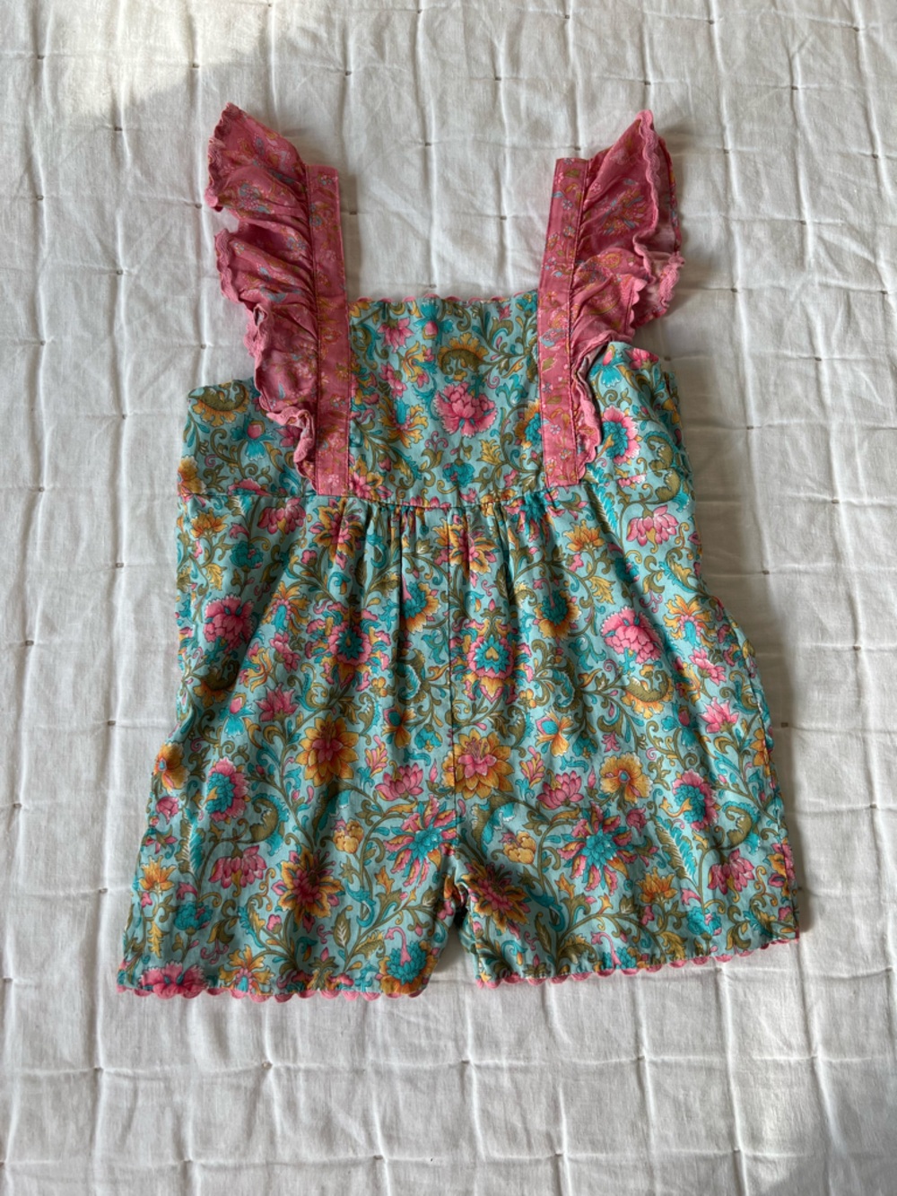 Louise Misha Floral Ruffle-Strap Cotton Romper in Turquoise & Pink